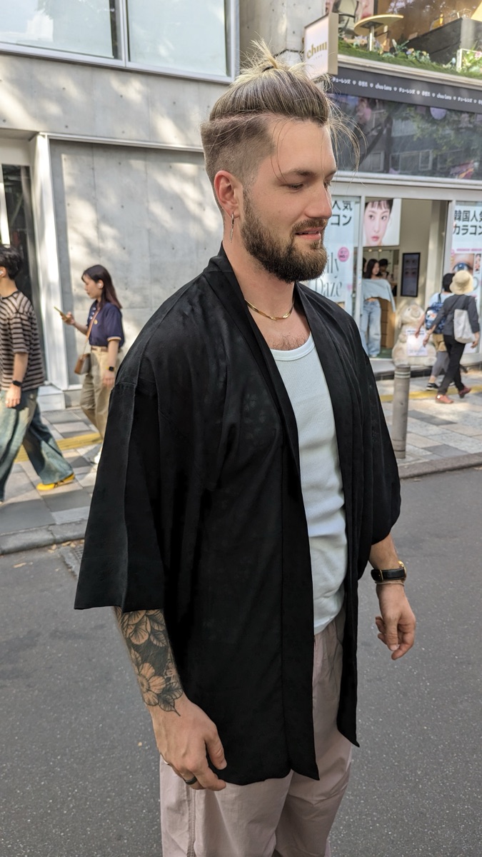 Jacob in a haori on the street in Shibuya